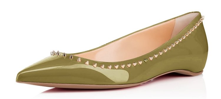 Green Patent Leather Dressy Pointy Toe Flats with Gold Rivets |FSJ Shoes