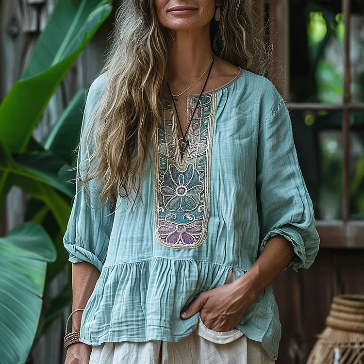 Women's Bohemian Flower Breathable Casual Long-sleeved Shirt
