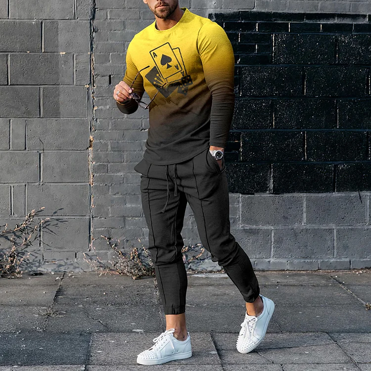 BrosWear Black And Yellow Gradient Poker Print T-Shirt And Pants Co-Ord