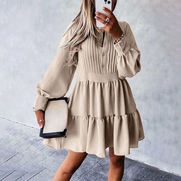 Women Party Ball Night Mini Sundress Puff Sleeve Solid Pleated Layered Dress NEW