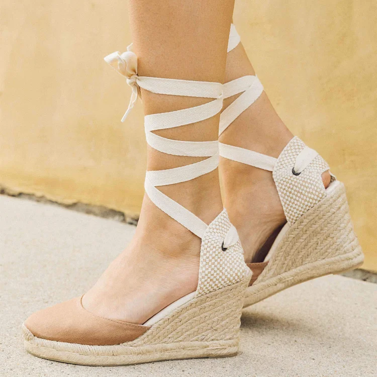 Khaki Platform Shoes Almond Toe Strappy Wedge Espadrille Sandals |FSJ Shoes