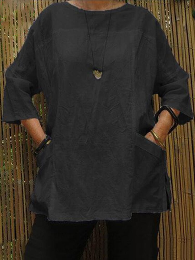 Vintage Pockets Solid Color 3/4 Sleeve Blouse P1528444