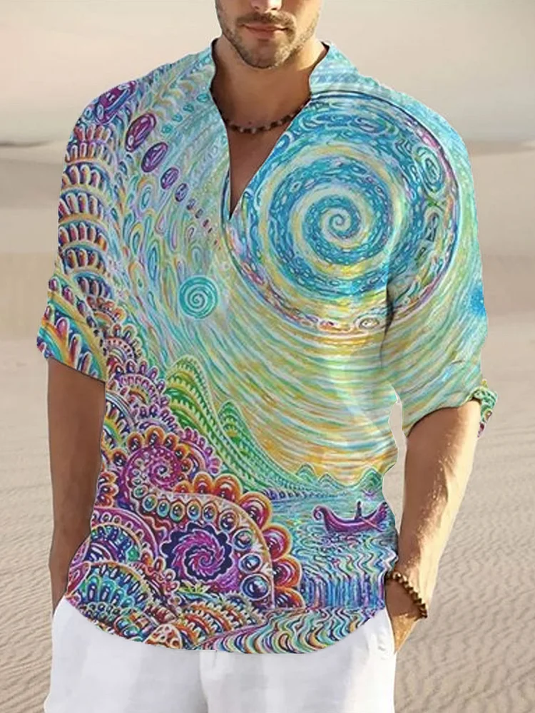 Men's printed cotton linen long sleeved shirt top