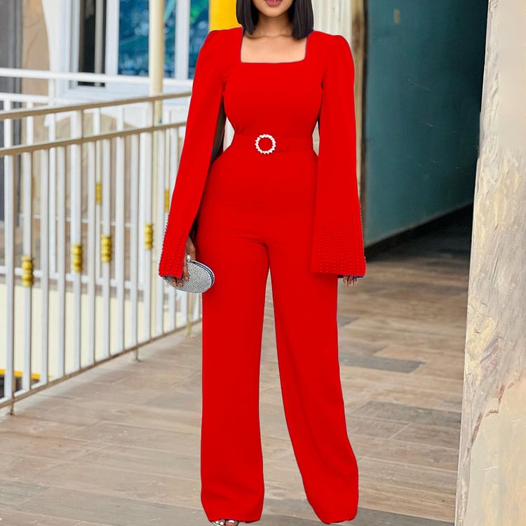 Vefave Commuter Solid Color Long Sleeve Jumpsuit