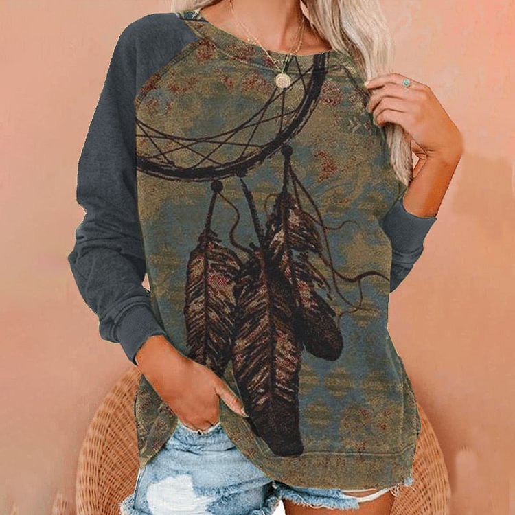 Vefave Vintage Feather Print Long Sleeve Sweatshirt