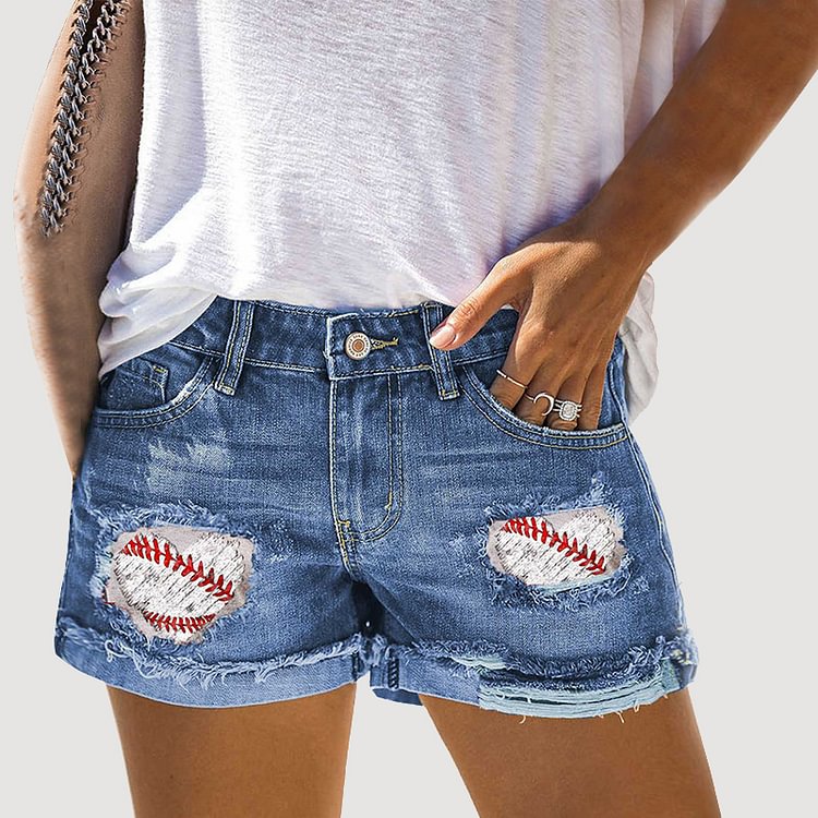 Comstylish Love Baseball Print Panel Ripped Denim Shorts
