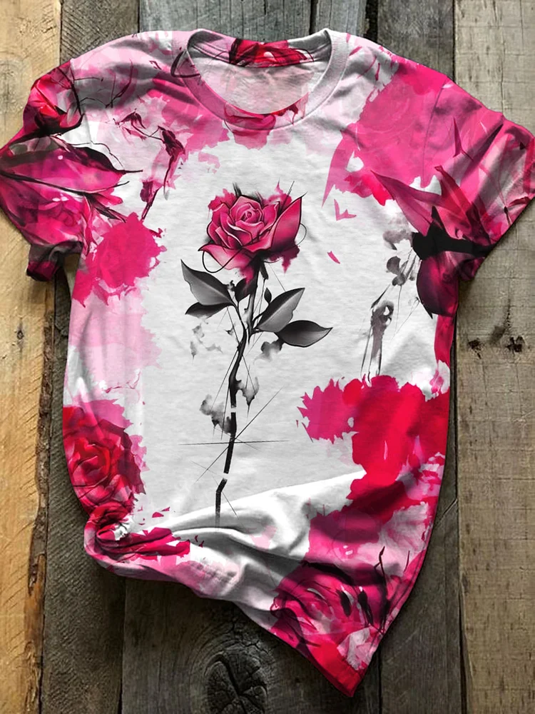 Rose Flower Crew Neck T-shirt