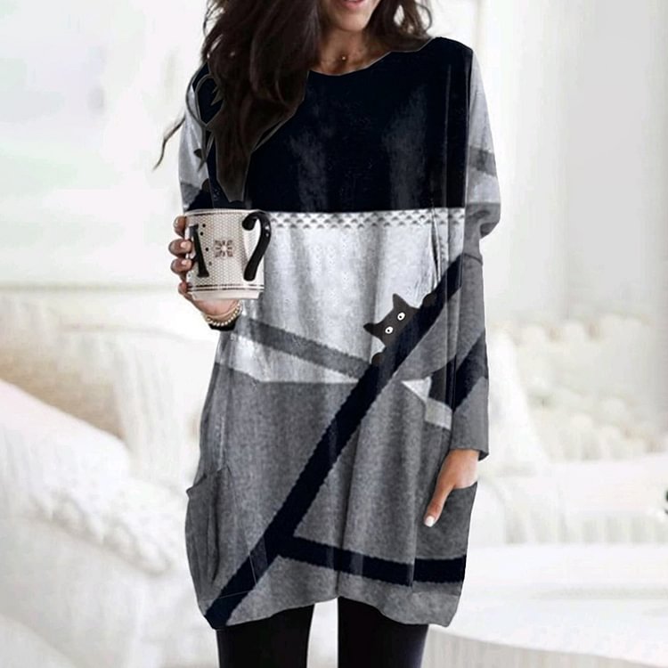 Vefave Contrast Paneled Cat Print Crew Neck Tunic