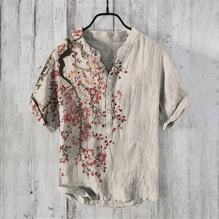 Comstylish Men's Vintage Japanese Art Floral V Neck Casual Linen Blend Shirt