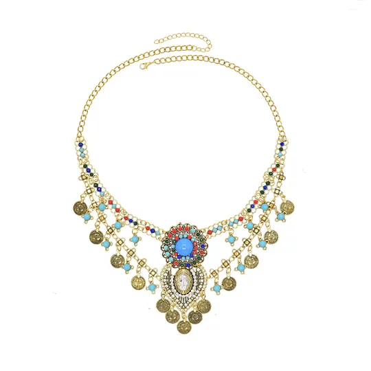 New ethnic style inlaid rhinestone turquoise necklace bohemian double-layer coin tassel sweater chain ancient style necklace