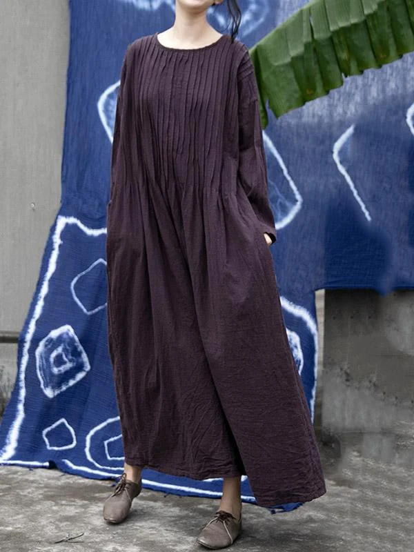 Vintage Roomy Pleated Solid Dress