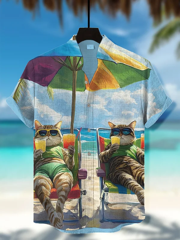 Men's Two Cats On Vacation Drinking Cocktails Print Short Sleeve Shirt
