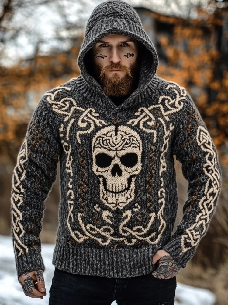 Men's Viking Inspired Skull Celtic Jacquard Cozy Hooded Sweater