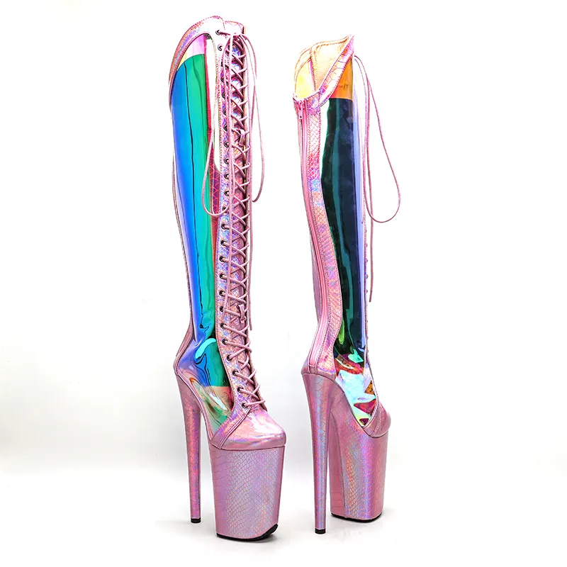 VCshoes 23CM/9inches Snake Pink Holographic Upper Knee High Boots High Heel Platform Boot Pole Dance Boots 5B