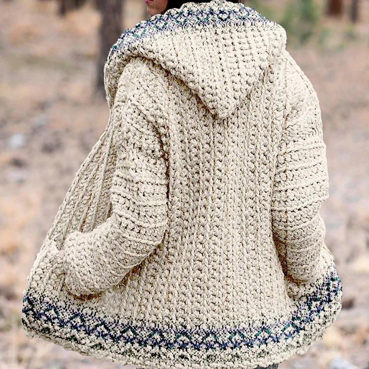 Women's Chunky Ethnic Geometric Aran Pattern Cardigan Sweater