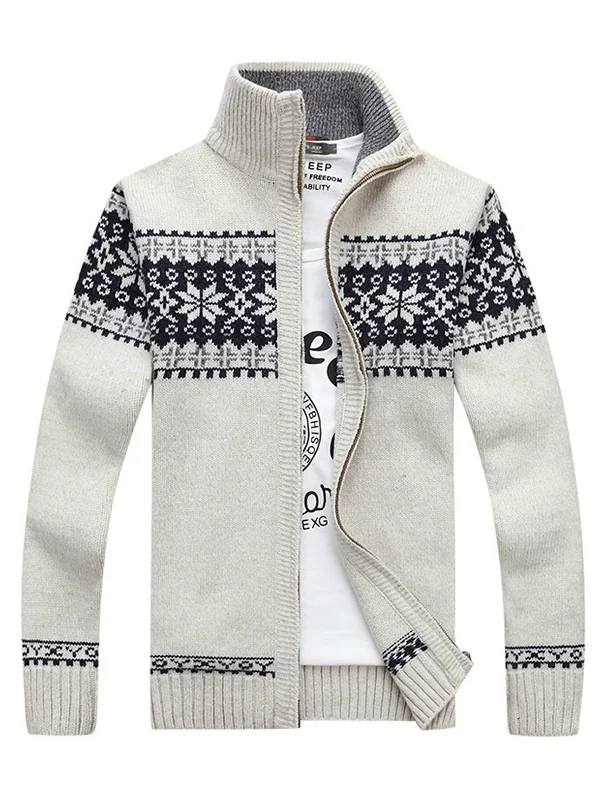 Casual Ethnic Jacquard Stand Collar Full Zip Knitted Jacket