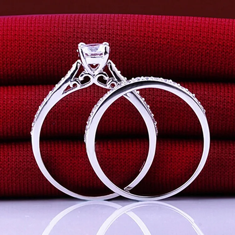 Shuosbai 2Pcs/Set Ring Shiny Cubic Zirconia Plated Silver Romantic Couple Finger Ring for Wedding_ ecoleips_old
