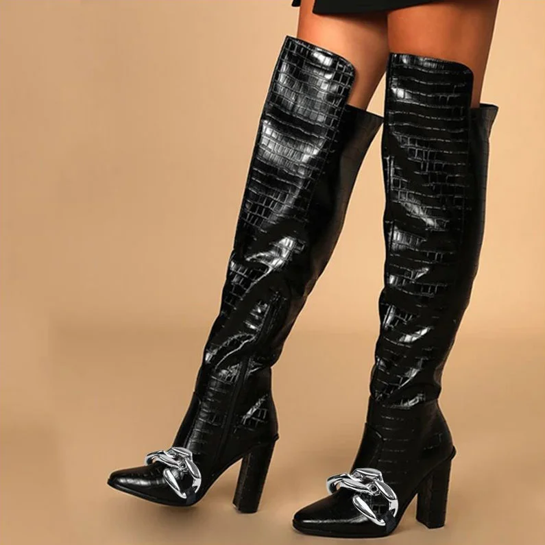 Black Over Knee High Boots Snake Skin Chunky Heels With Chain Nicepairs