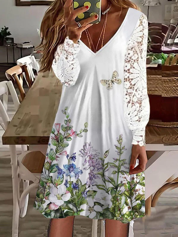 Butterfly Floral Lace Hollow Cotton Blend Casual Dress