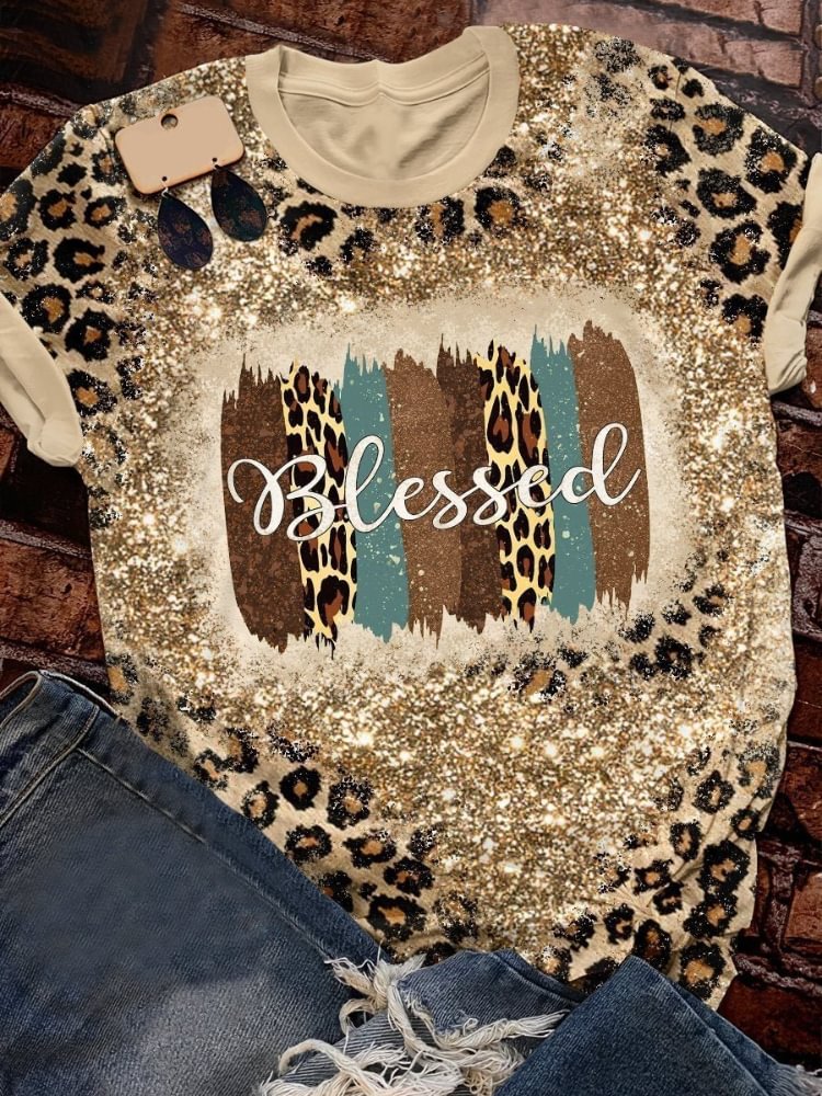 Vefave Blessed Leopard Sequin Print Short Sleeve T Shirt