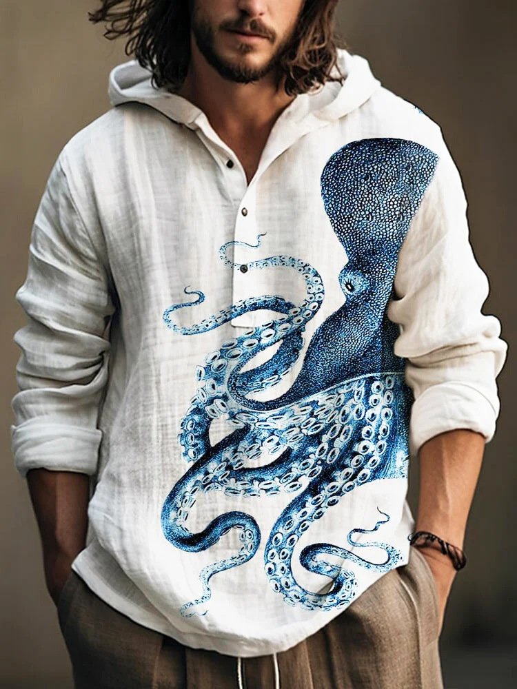 Comstylish Octopus Ocean Art Linen Hooded Long Sleeve Shirt