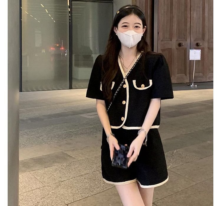 Set: Short Sleeve V-Neck Contrast Trim Jacket + Shorts YP3734