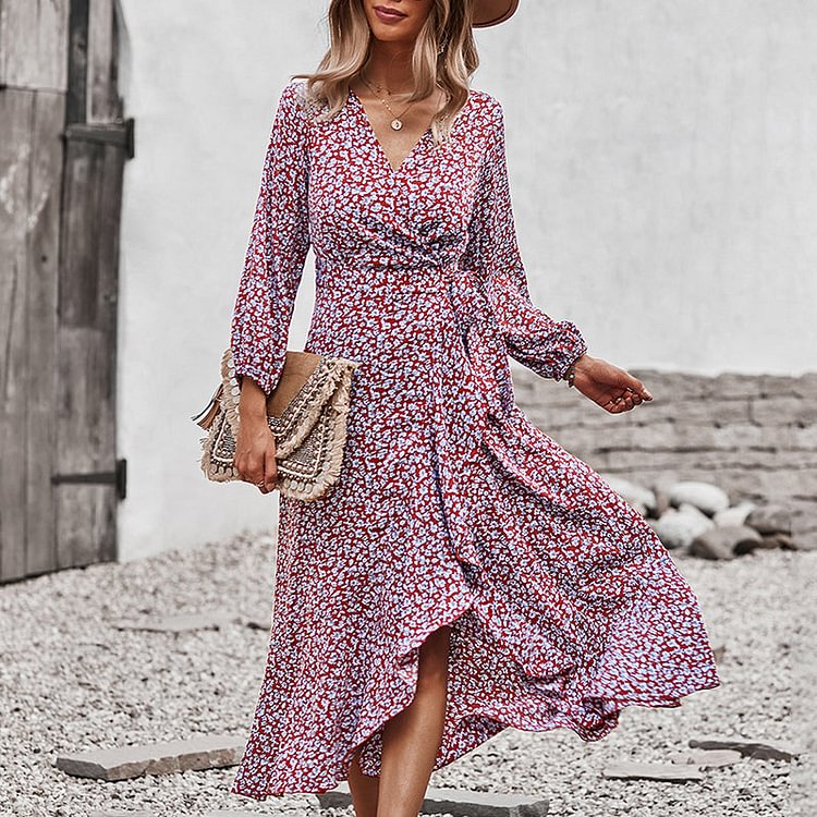 VChics Vintage Floral Print V-Neck Long Sleeve Midi Dress