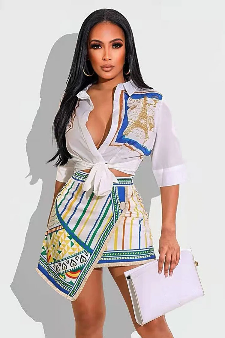 Print Knotted V Neck Blouses Two-Piece Mini Skirt Set