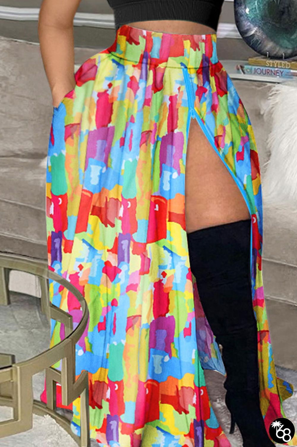 Colour Casual Print Patchwork Slit High Waist Type A Full Print Bottoms | 168DEAL