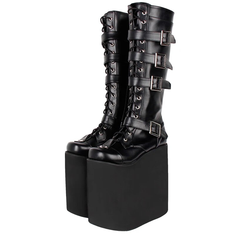 VCshoes Mori Girl Women Motorcycle Boots Lady Lolita Punk Boots Woman High Heels Pumps Wedges Shoes 20cm Rivets 46