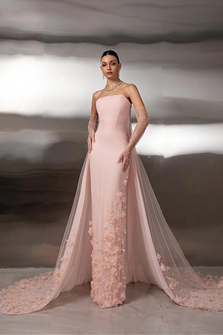 Lussooy Strapless Sleeveless Mermaid Evening Dress With Appliques Gloves