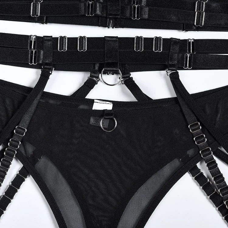 Sexy See Through Solid Pattern Mesh Bandaged Chains Pieces Lingerie Sets