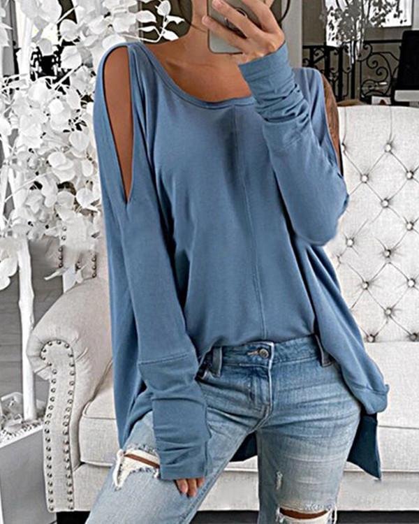 Solid Cold Shoulder Long Sleeves Casual T-shirts - Chicaggo