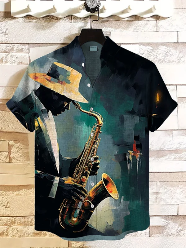 Men's Saxophone Player Colourful Painting Print Casual Linen Blend Shirt