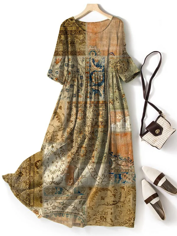 Women's Bohemian Patchwork Pattern Retro Art Print Maxi Dress