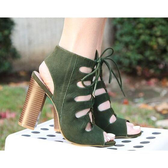 VCSHOES Lace Up Peep Toe High Chunky Heels Sandals