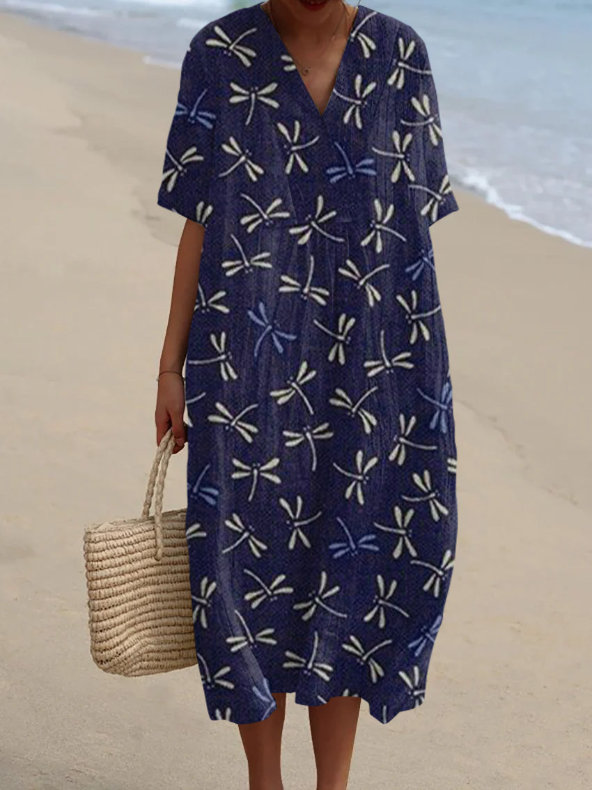 Retro Dragonfly Art Print V-Neck Long Sleeve Midi Dress main image 1