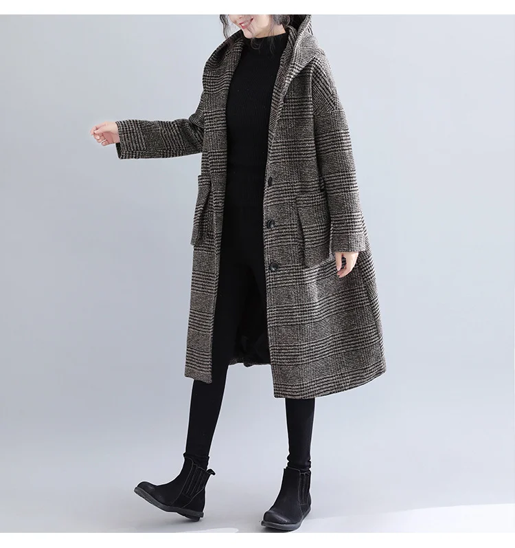 Classic Houndstooth Hooded Long Sleeve Coat