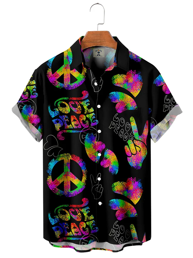Men's Casual Hippie Love Peace Print Short Sleeve Shirt socialshop