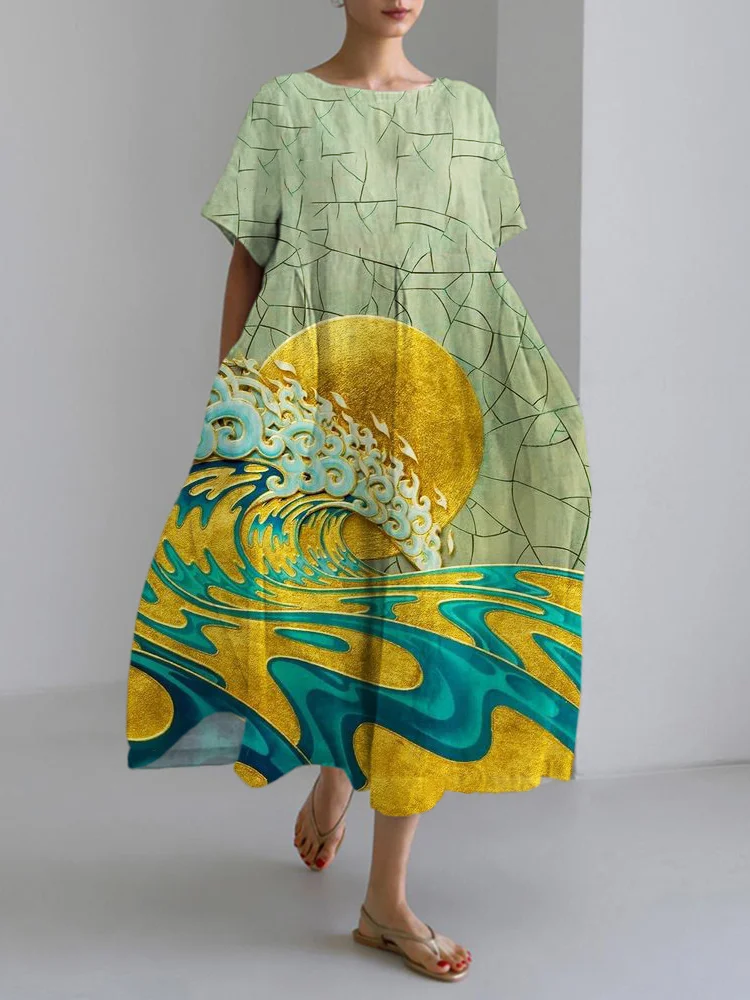 Comstylish Golden Sun Japanese Print Linen Blend Maxi Dress