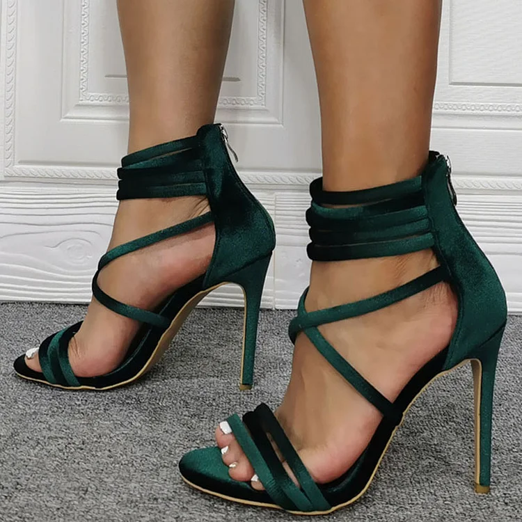 Elegant Green Velvet Open Toe Strappy Stiletto Heeled Sandals |FSJ Shoes