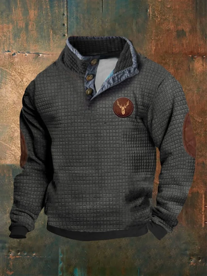 Men's Casual Retro Thickened Square Elk Print Button Sweatshirt