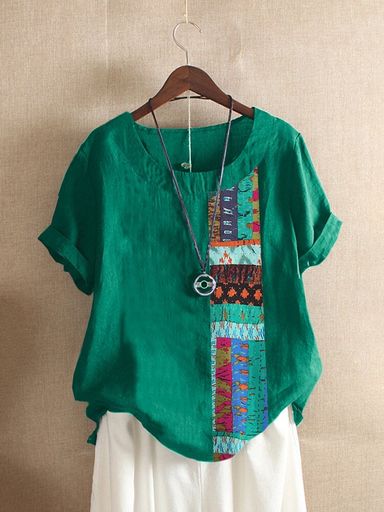 Vintage Patched Short Sleeve Casual T shirt For Women P1678297