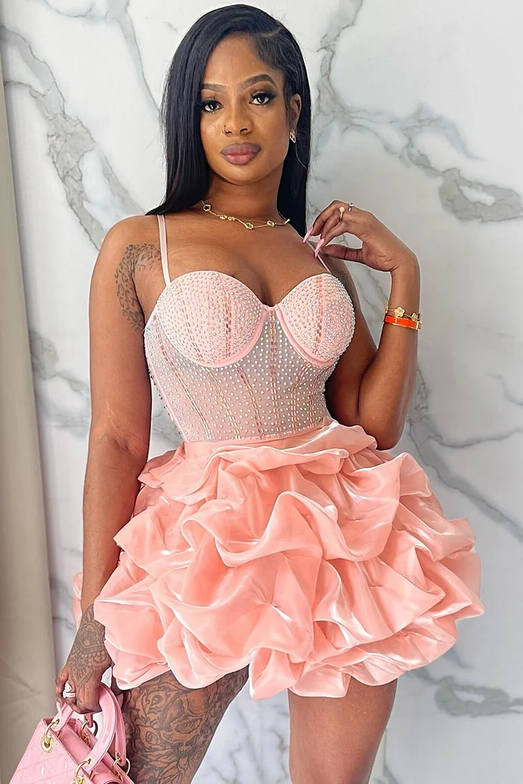 See-Through Bustier Layered Ruffle Party Slip Mini Dresses