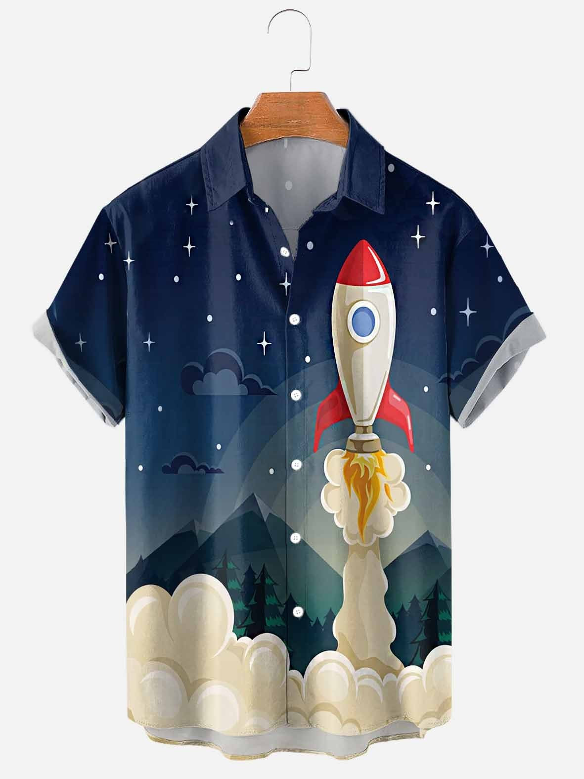 Rocket & Letter Various Print Men's Casual Short Sleeve Shirt With