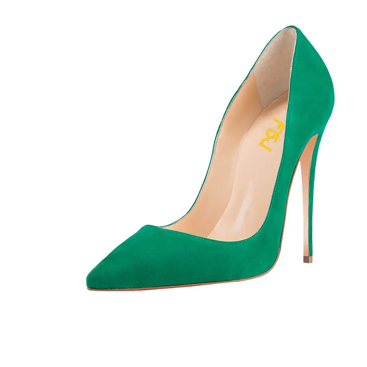 Green Pointy Toe Stiletto Heels Dress Shoes Vegan Suede Commuting Pumps |FSJ Shoes