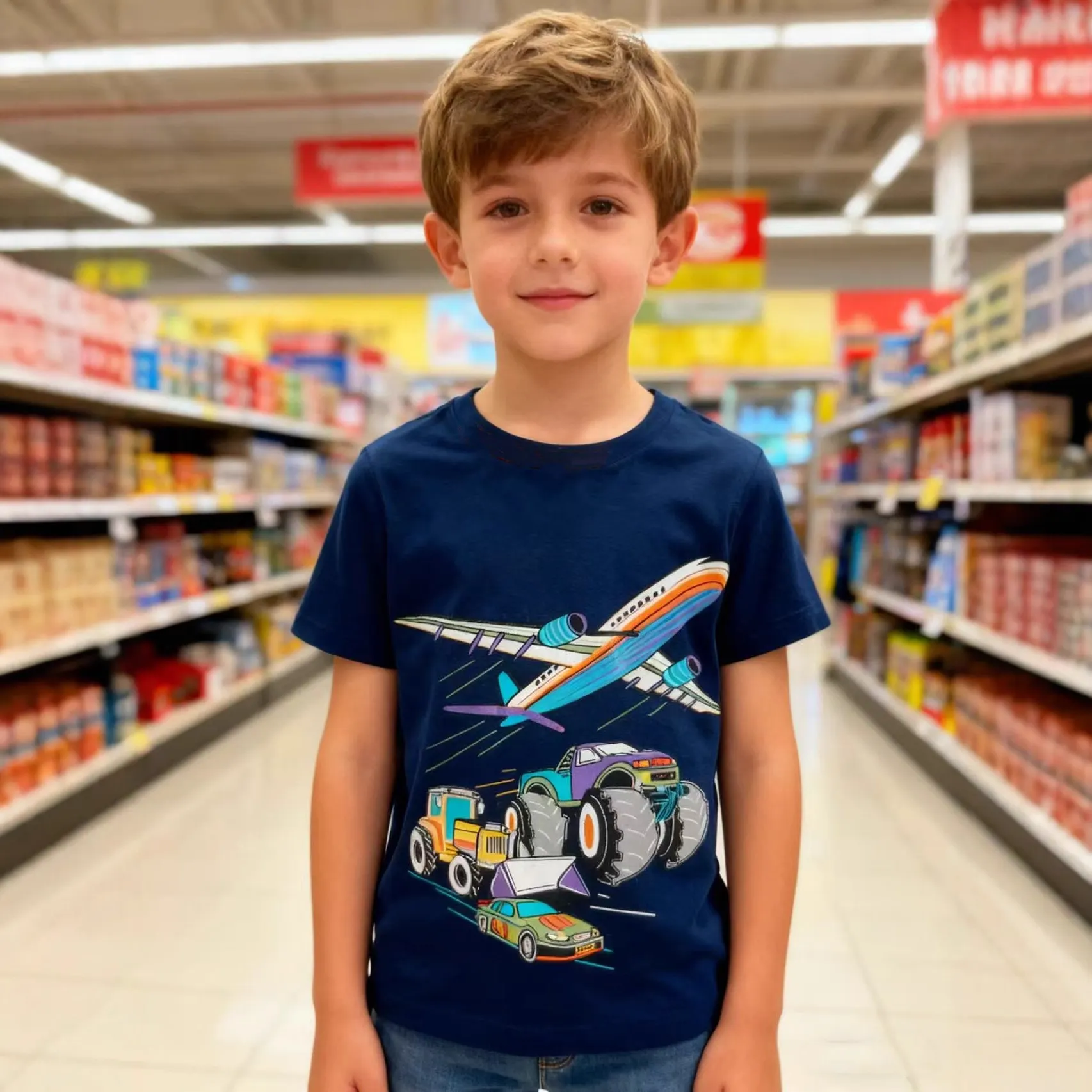 【18M-7Y】Boys' Cartoon Fun Print Crew Neck T-Shirt