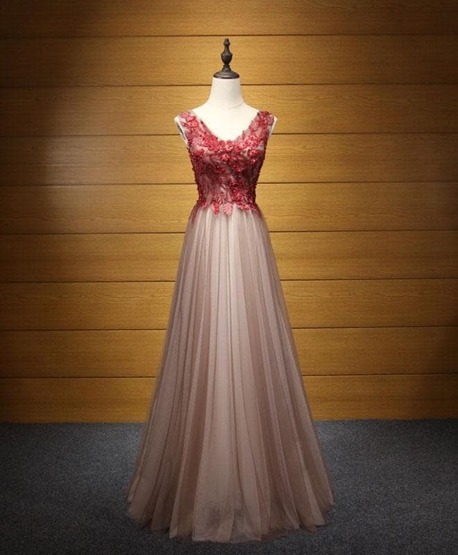 Elegant V Neck Tulle Lace Applique Long Prom Dress, Evening Dress