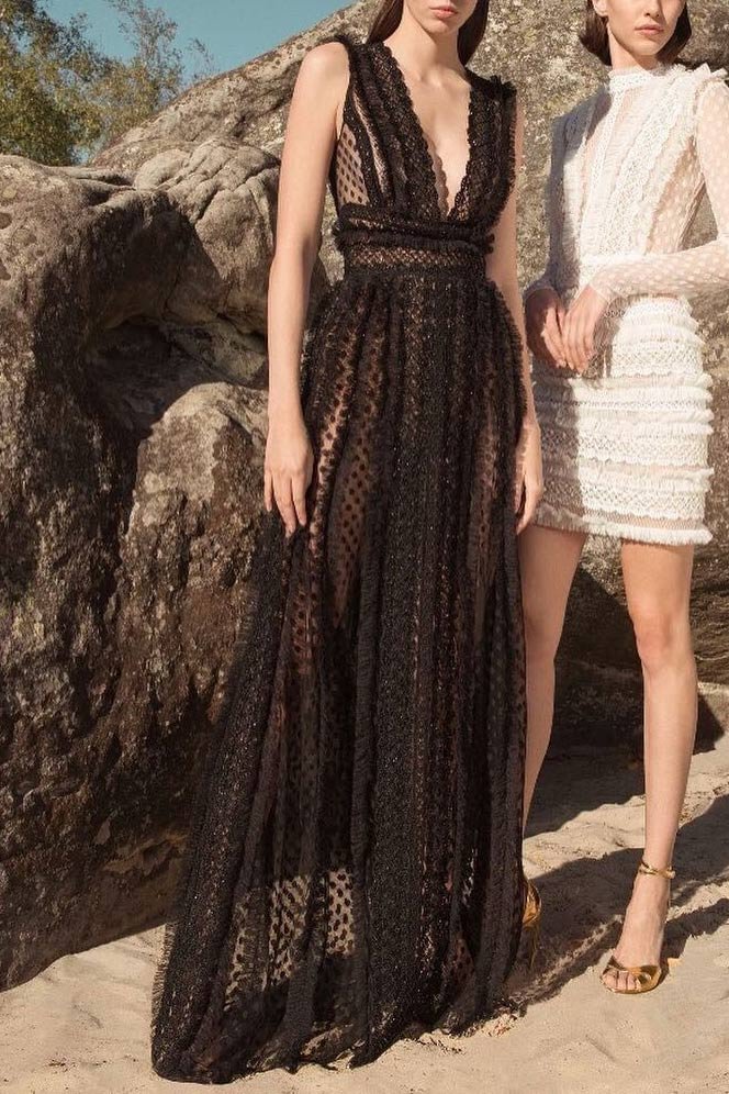 Black See Through V-neck Cutout Long Dress - BlackFridayBuys