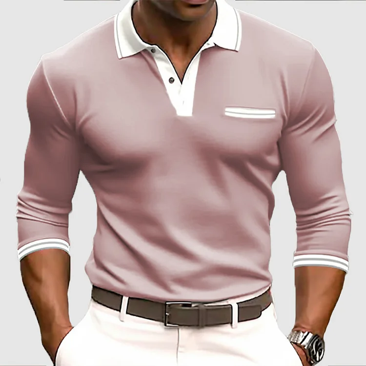 Business Contrast Trim Button Long Sleeve Polo Shirt